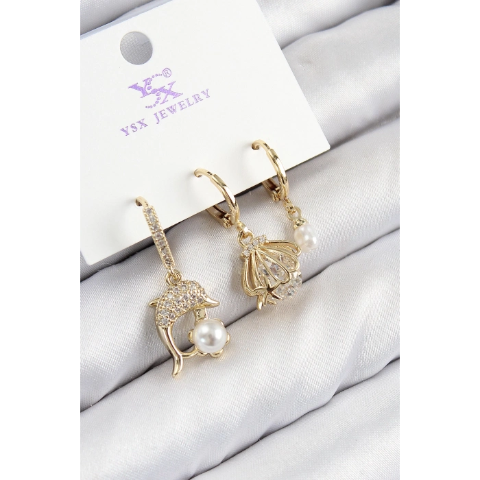 ÇOK SATAN Pirinç Zirkon Taşlı 3lü Yunus Balığı Ve İstiridye Model Gold Renk Kadın Küpe