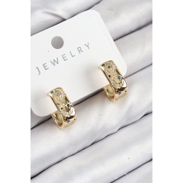 ÇOK SATAN Pirinç Zirkon Taşlı Ay Desenli Model Gold Renk Kadın Küpe