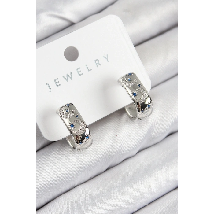 ÇOK SATAN Pirinç Zirkon Taşlı Ay Desenli Model Gümüş Renk Kadın Küpe