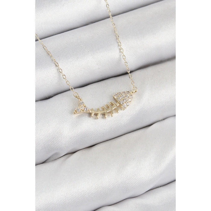 ÇOK SATAN Pirinç Zirkon Taşlı Balık Kılçığı Model Gold Renk Kadın Kolye