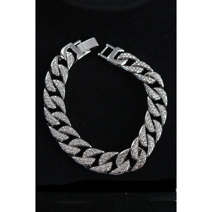 ÇOK SATAN Pirinç Zirkon Taşlı Cuba Gurmet Model Gümüş Renk Erkek Bileklik