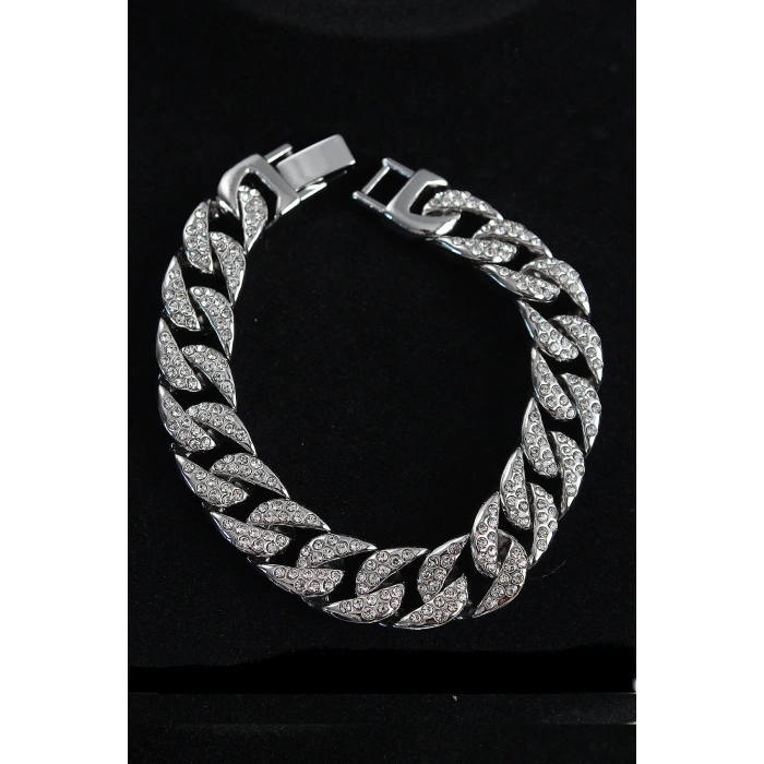 ÇOK SATAN Pirinç Zirkon Taşlı Cuba Gurmet Model Gümüş Renk Erkek Bileklik