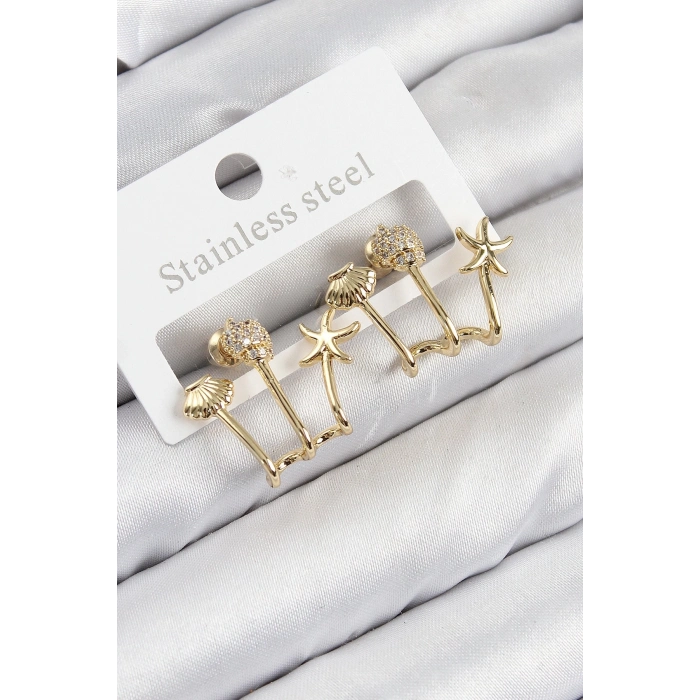 ÇOK SATAN Pirinç Zirkon Taşlı Deniz Yıldızı ve İstiridye Model Gold Renk Kadın Küpe