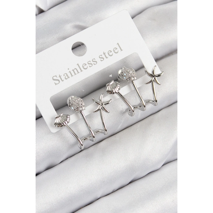 ÇOK SATAN Pirinç Zirkon Taşlı Deniz Yıldızı ve İstiridye Model Gümüş Renk Kadın Küpe