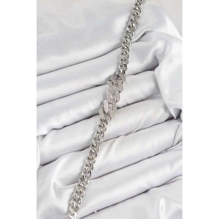 ÇOK SATAN Pirinç Zirkon Taşlı Ezme Küba Zincir Model Gümüş Renk Kadın Bileklik