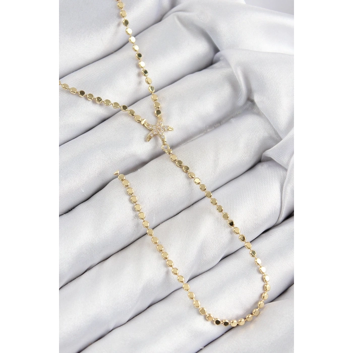 ÇOK SATAN Pirinç Zirkon Taşlı Ezme Zincirli Deniz Yıldızı Model Gold Renk Y Kolye