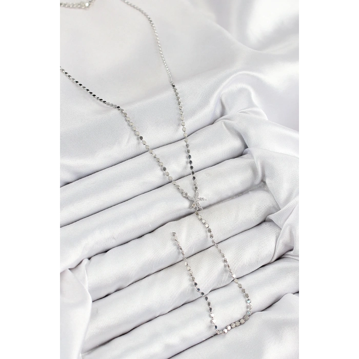 ÇOK SATAN Pirinç Zirkon Taşlı Ezme Zincirli Deniz Yıldızı Model Gümüş Renk Y Kolye