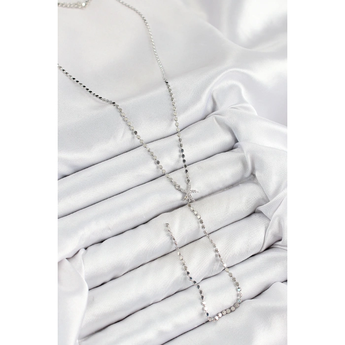 ÇOK SATAN Pirinç Zirkon Taşlı Ezme Zincirli Deniz Yıldızı Model Gümüş Renk Y Kolye