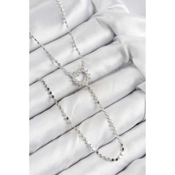 ÇOK SATAN Pirinç Zirkon Taşlı Ezme Zincirli Kalp Model Gümüş Renk Y Kolye