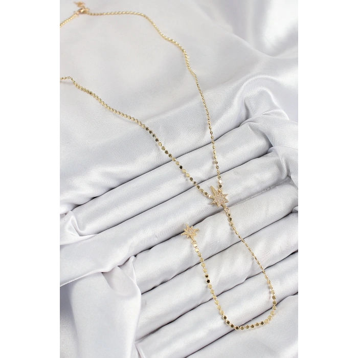 ÇOK SATAN Pirinç Zirkon Taşlı Ezme Zincirli Kutup Yıldızı Model Gold Renk Y Kolye