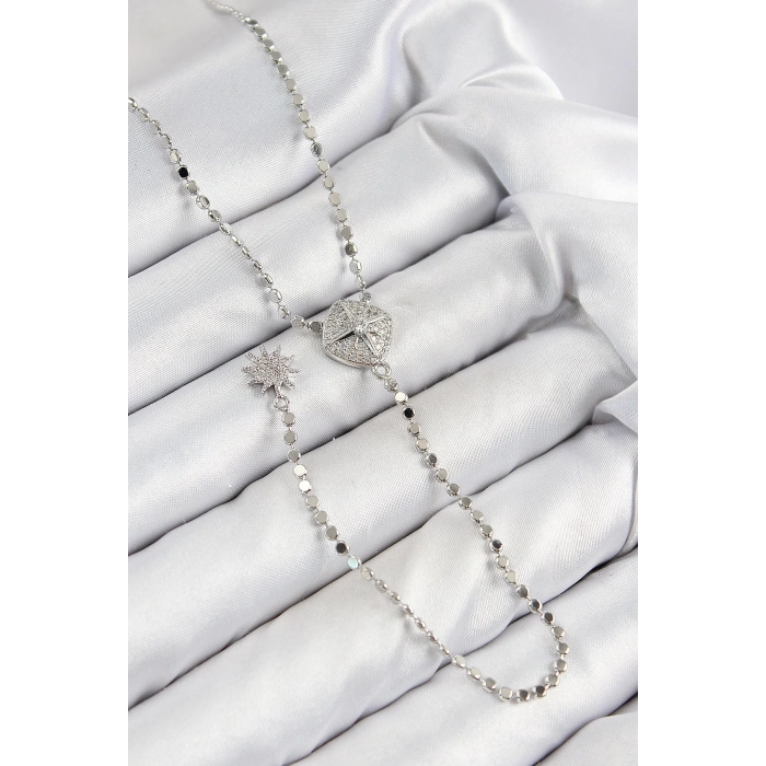 ÇOK SATAN Pirinç Zirkon Taşlı Ezme Zincirli Madalyon Model Gümüş Renk Y Kolye