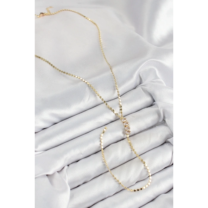 ÇOK SATAN Pirinç Zirkon Taşlı Ezme Zincirli Model Gold Renk Y Kolye