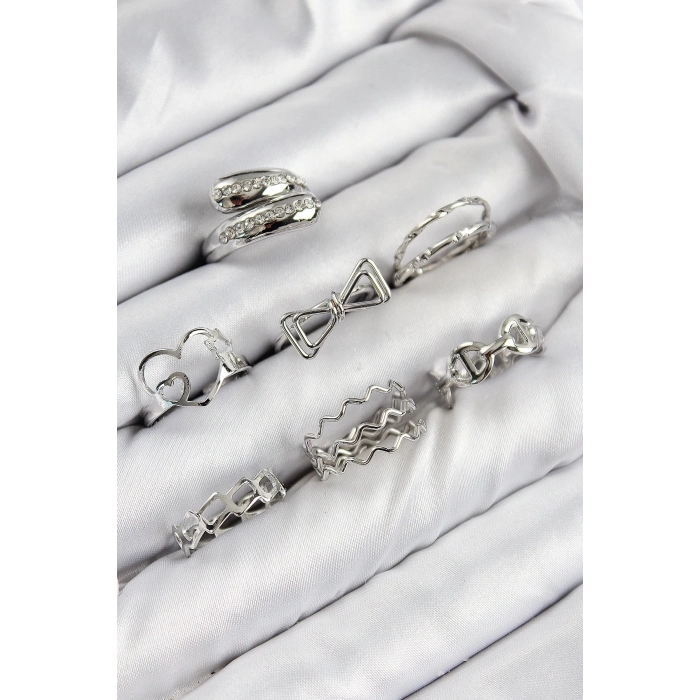 ÇOK SATAN Pirinç Zirkon Taşlı Fiyonk Ve Kalp Model Gümüş Renk Kadın Yüzük Kombin Set