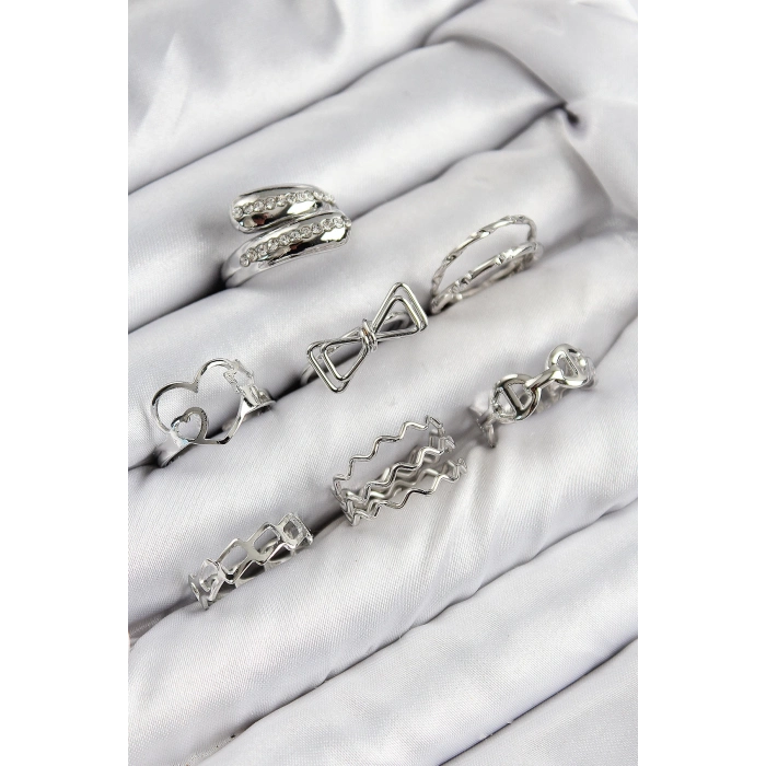 ÇOK SATAN Pirinç Zirkon Taşlı Fiyonk Ve Kalp Model Gümüş Renk Kadın Yüzük Kombin Set