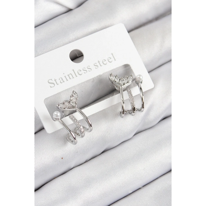 ÇOK SATAN Pirinç Zirkon Taşlı İnci Detaylı Balık Kuyruğu Model Gümüş Renk Kadın Küpe