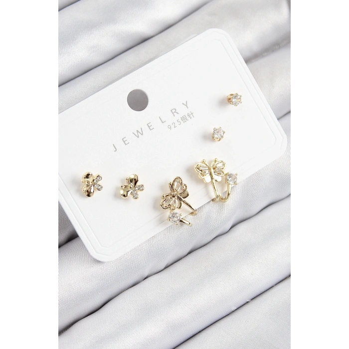 ÇOK SATAN Pirinç Zirkon Taşlı Kelebek Model Gold Renk 925 Ayar Gümüş Çivi Kadın Küpe Set