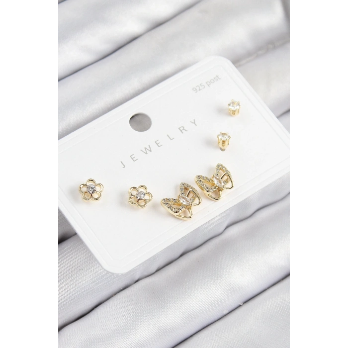 ÇOK SATAN Pirinç Zirkon Taşlı Kelebek Model Gold Renk 925 Ayar Gümüş Çivi Kadın Küpe Set