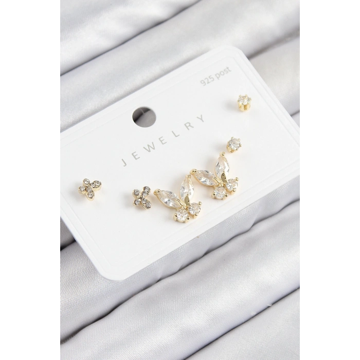 ÇOK SATAN Pirinç Zirkon Taşlı Kelebek Model Gold Renk 925 Ayar Gümüş Çivi Kadın Küpe Set