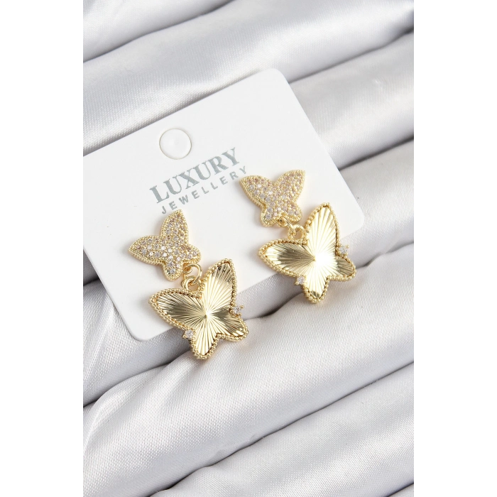 ÇOK SATAN Pirinç Zirkon Taşlı Kelebek Model Gold Renk Kadın Küpe