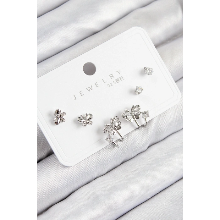 ÇOK SATAN Pirinç Zirkon Taşlı Kelebek Model Gümüş Renk 925 Ayar Gümüş Çivi Kadın Küpe Set