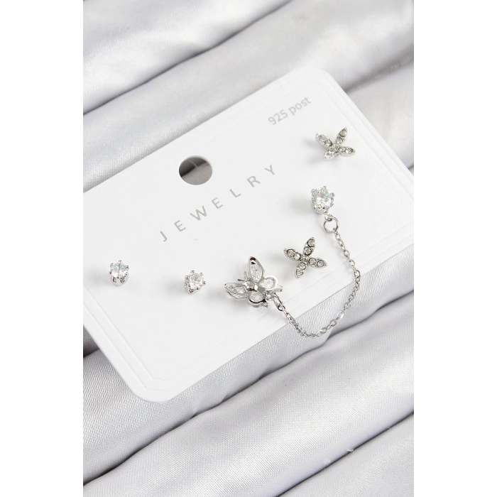 ÇOK SATAN Pirinç Zirkon Taşlı Kelebek Model Gümüş Renk 925 Ayar Gümüş Çivi Kadın Küpe Set