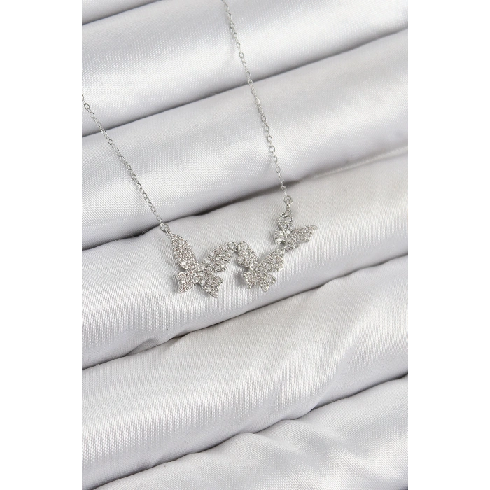 ÇOK SATAN Pirinç Zirkon Taşlı Kelebek Model Gümüş Renk Kadın Kolye