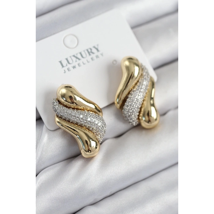 ÇOK SATAN Pirinç Zirkon Taşlı Kıvrım Model Gold Renk Kadın Küpe