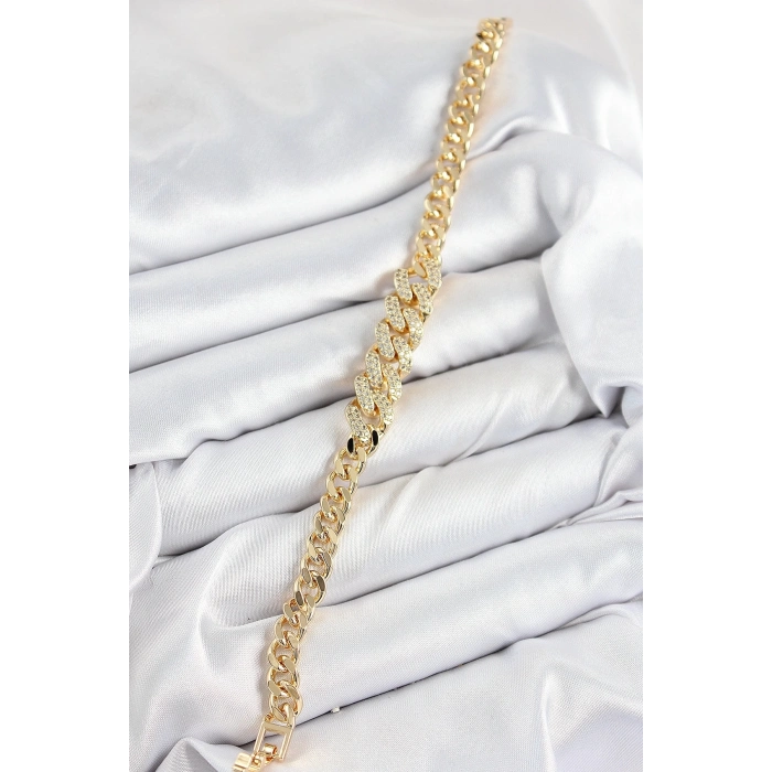 ÇOK SATAN Pirinç Zirkon Taşlı Küba Zincir Model Gold Renk Kadın Bileklik