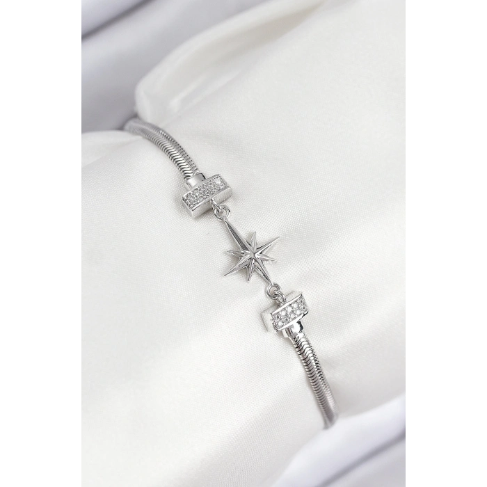 ÇOK SATAN Pirinç Zirkon Taşlı Kutup Yıldızı Model Gümüş Renk Kadın Bileklik