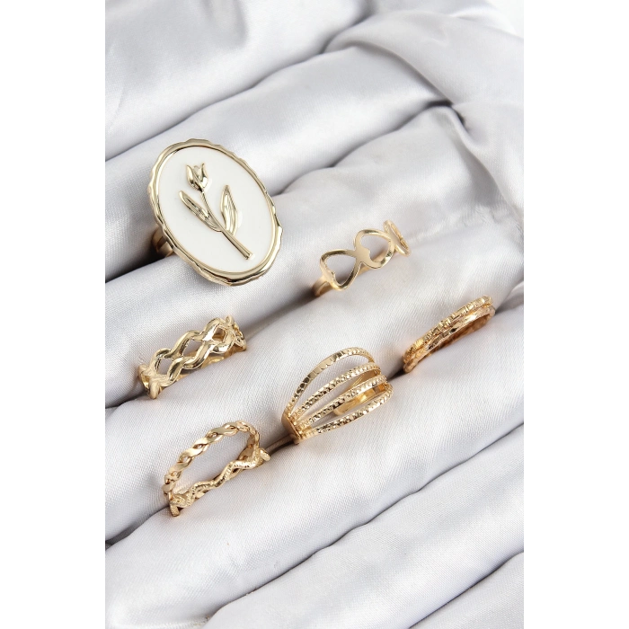 ÇOK SATAN Pirinç Zirkon Taşlı Lale Model Gold Renk Kadın Yüzük Kombin Set