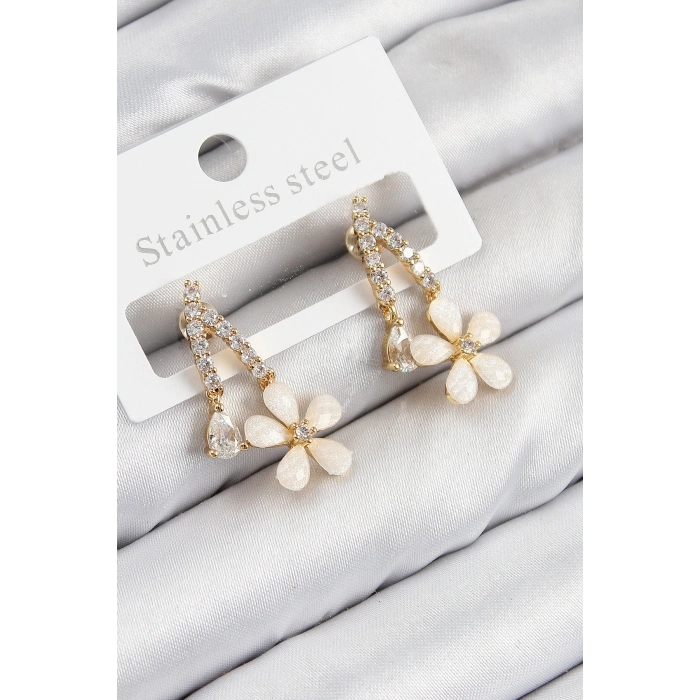 ÇOK SATAN Pirinç Zirkon Taşlı Papatya Model Gold Renk Kadın Küpe