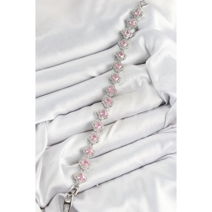 ÇOK SATAN Pirinç Zirkon Taşlı Pembe Yonca Baget Model Gümüş Renk VIP Seri Kadın Bileklik