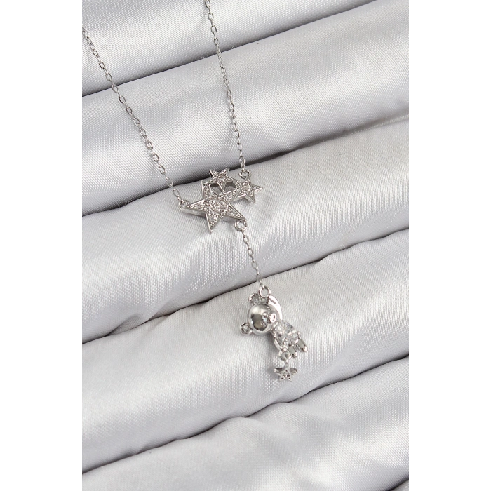 ÇOK SATAN Pirinç Zirkon Taşlı Sallantılı Ayıcıklı Yıldız Model Gümüş Renk Kadın Kolye