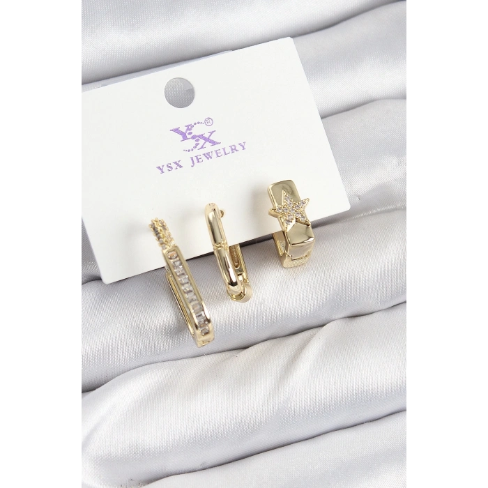 ÇOK SATAN Pirinç Zİrkon Taşlı Yıldız Model Gold Renk 3lü Kadın Küpe