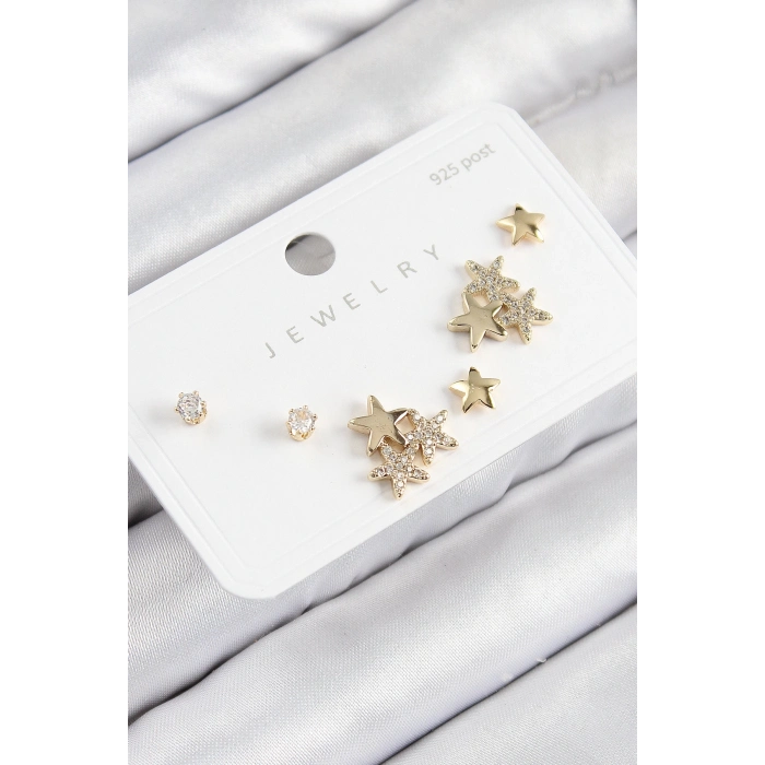 ÇOK SATAN Pirinç Zirkon Taşlı Yıldız Model Gold Renk 925 Ayar Gümüş Çivi Kadın Küpe Set