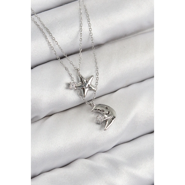 ÇOK SATAN Pirinç Zirkon Taşlı Yıldız Ve Ay Model Gümüş Renk Kadın Kolye