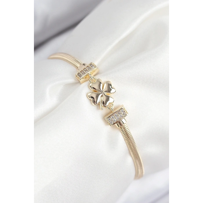 ÇOK SATAN Pirinç Zirkon Taşlı Yonca Model Gold Renk Kadın Bileklik