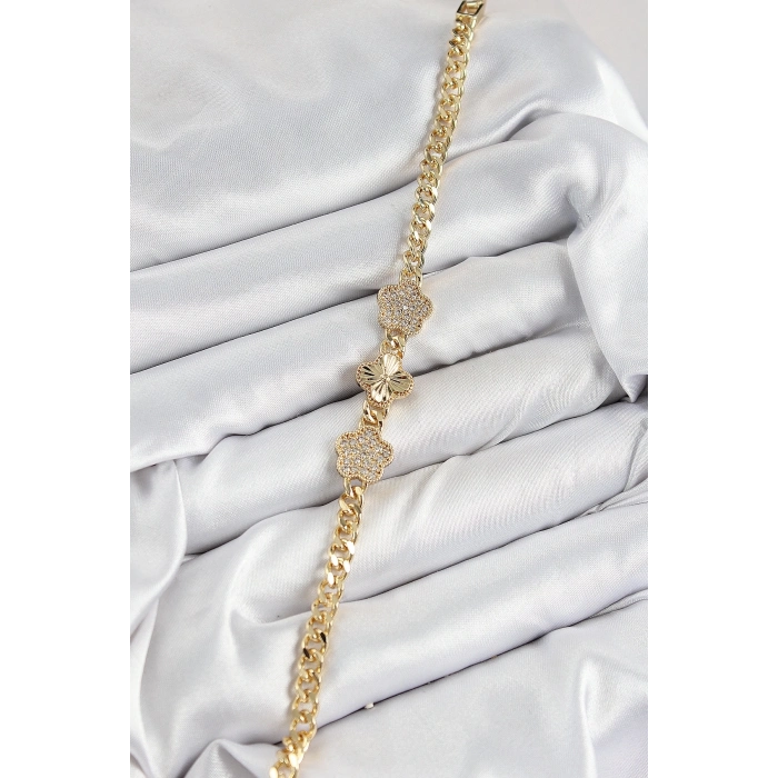 ÇOK SATAN Pirinç Zirkon Taşlı Yonca Model Gold Renk Kadın Bileklik