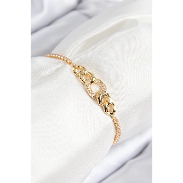 ÇOK SATAN Pirinç Zirkon Taşlı Zincir Model Gold Renk Asansörlü Kadın Bileklik