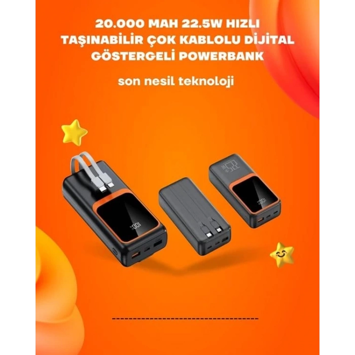 ÇOK SATAN Powerbank 20000 mAh | 22.5W Hızlı Şarj, Dahili Kablolu, LCD Ekranlı Şarj Cihazı