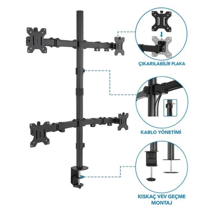 ÇOK SATAN Powermaster Pm-054 13-27 Dörtlü (Quad) Mekanik Lcd-led Gaming Monitör Tutucu Masa Stand Askı Aparatı