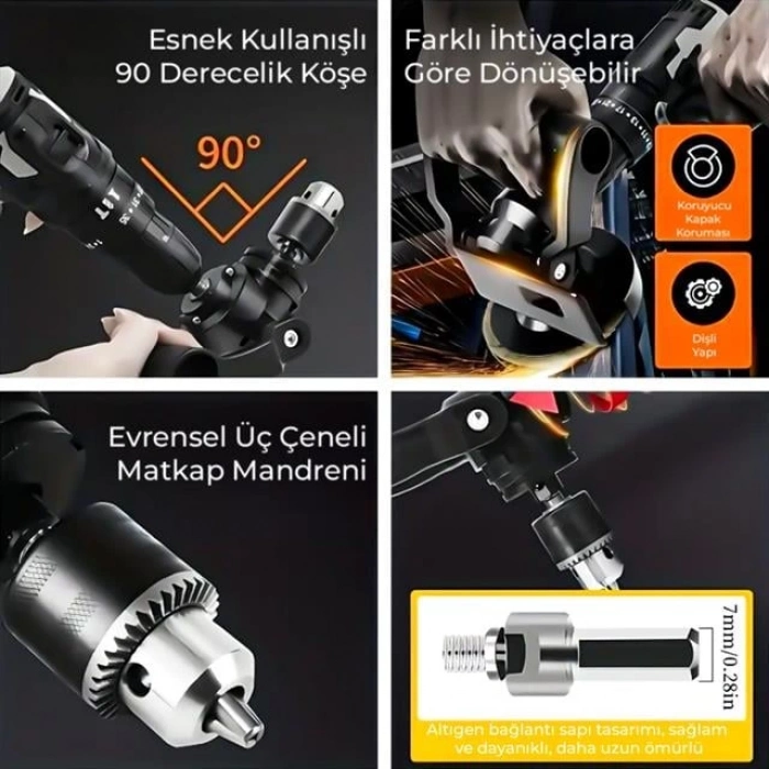 ÇOK SATAN Powermaster Pm-26256 Mandrenli 90 Derece Açılı Universal Matkap Başlık Seti Adaptörü