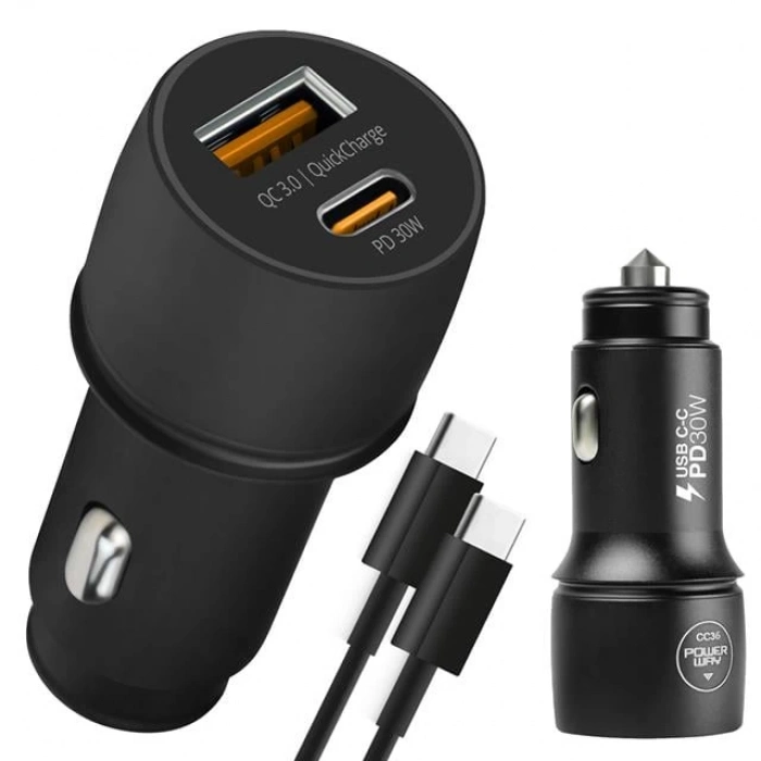 ÇOK SATAN Powerway Cc36 30w Pd + Qc 3.0 Çift Çıkışlı Metal Araç Çakmaklık Hızlı Şarj Kablolu Set