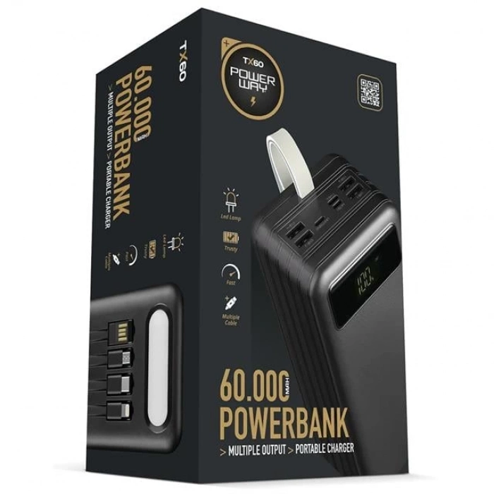ÇOK SATAN Powerway Tx60 Siyah 60000 Mah Çoklu Çıkış Dijital Göstergeli Ekstra Kablolu Powerbank