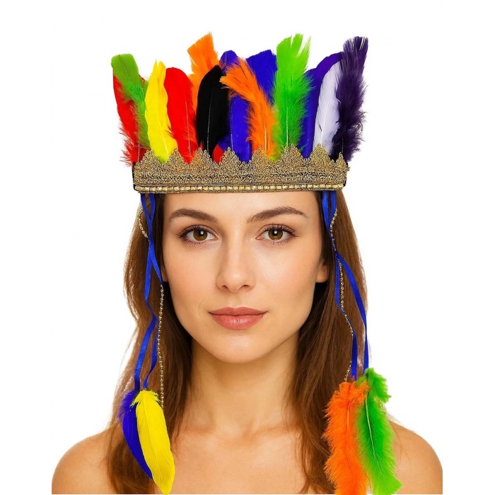 ÇOK SATAN Rengarenk Tüylerle İşlenmiş Lastikli Kızılderili Başlığı