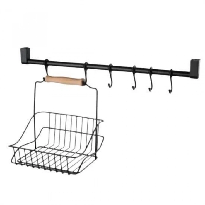 ÇOK SATAN Retro Ferforje Askılı Siyah  Ahşap Kulplu Düzenleyici Mutfak Sepeti