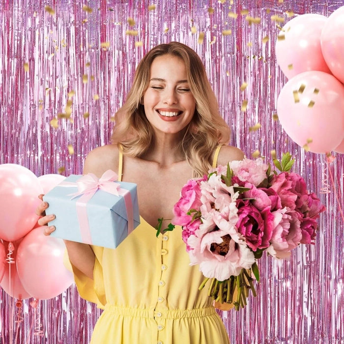 ÇOK SATAN Rose Gold Renk Ekstra Metalize Parlak Saçaklı Arka Fon Perde İthal A Kalite 1x2 Metre