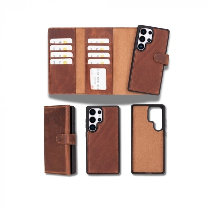 ÇOK SATAN Samsung Galaxy S25 Ultra uyumlu, Hakiki Deri, El Yapımı, Cüzdanlı Kılıf, Antik Kahve