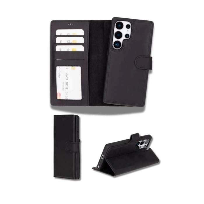 ÇOK SATAN Samsung Galaxy S25 Ultra uyumlu, Hakiki Deri, El Yapımı, Cüzdanlı Kılıf, Mat Siyah