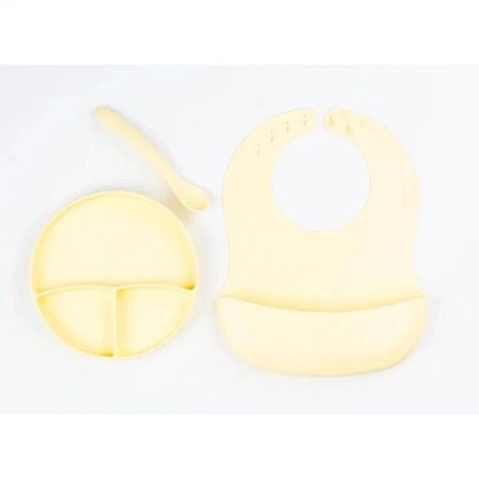 ÇOK SATAN Sarı 3’lü Silikon Yemek Seti – Önlük + Diş Kaşıyıcılı Kaşık + Vakumlu Tabak